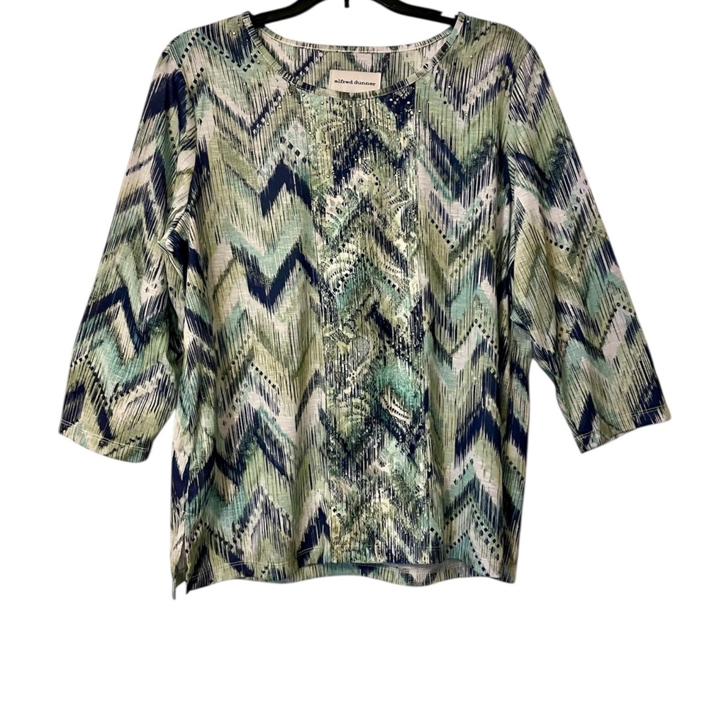 Alfred Dunner Green Tan Boxy Blouse 3/4 Sleeve